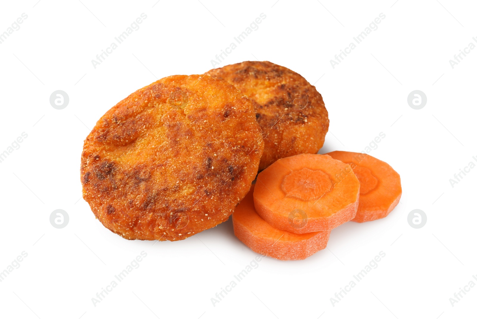 Photo of Tasty vegan cutlets with slices of carrot isolated on white