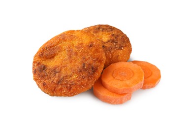 Photo of Tasty vegan cutlets with slices of carrot isolated on white