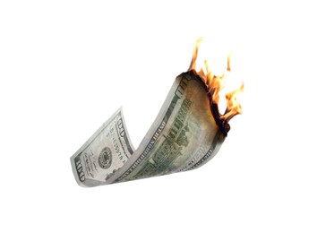 Image of One hundred dollar banknote burning on white background