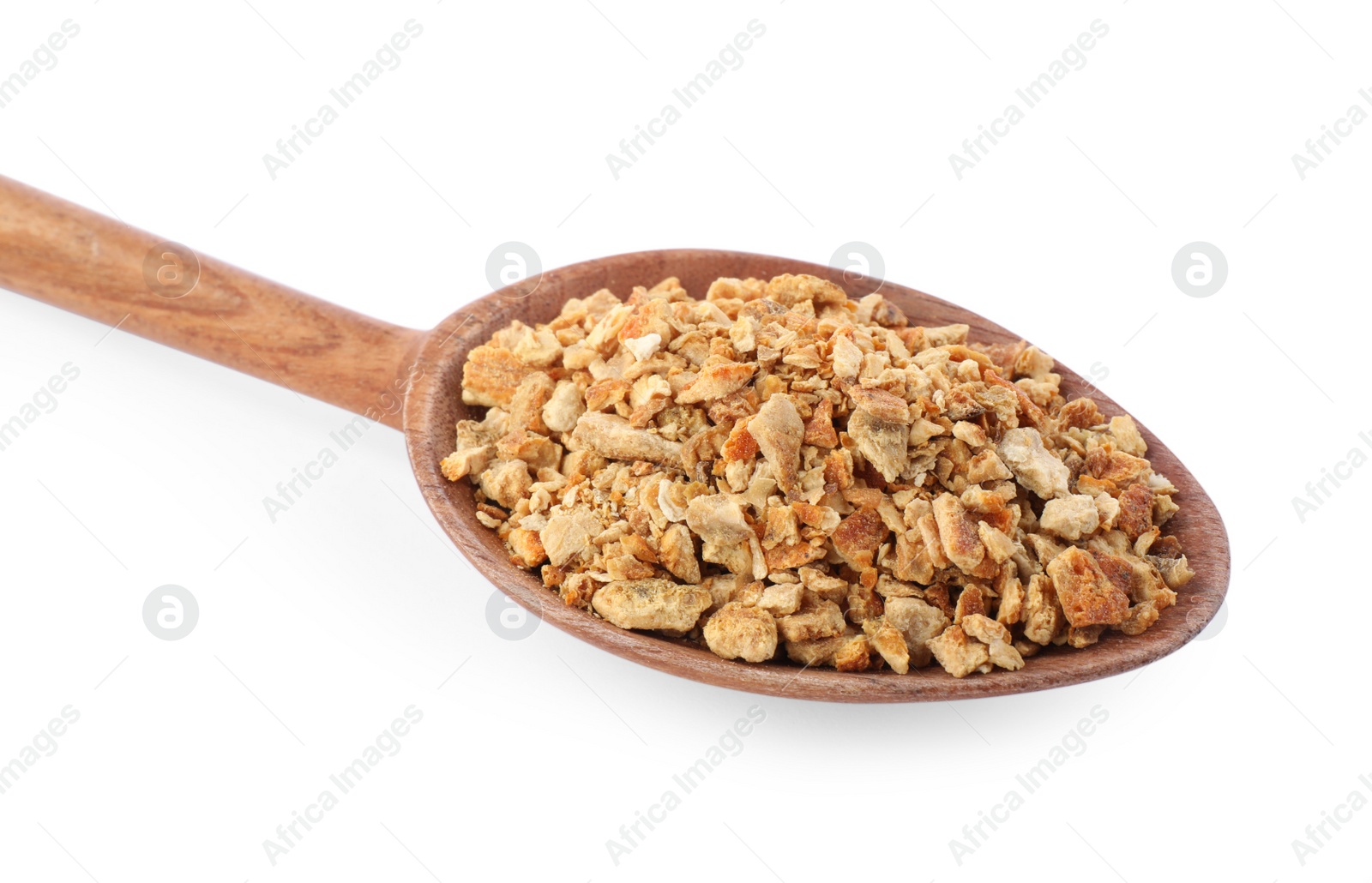 Photo of Spoon with dried orange zest seasoning isolated on white