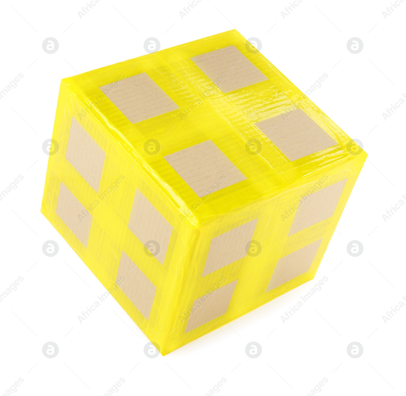 Photo of Cardboard parcel box with yellow sticky tape on white background