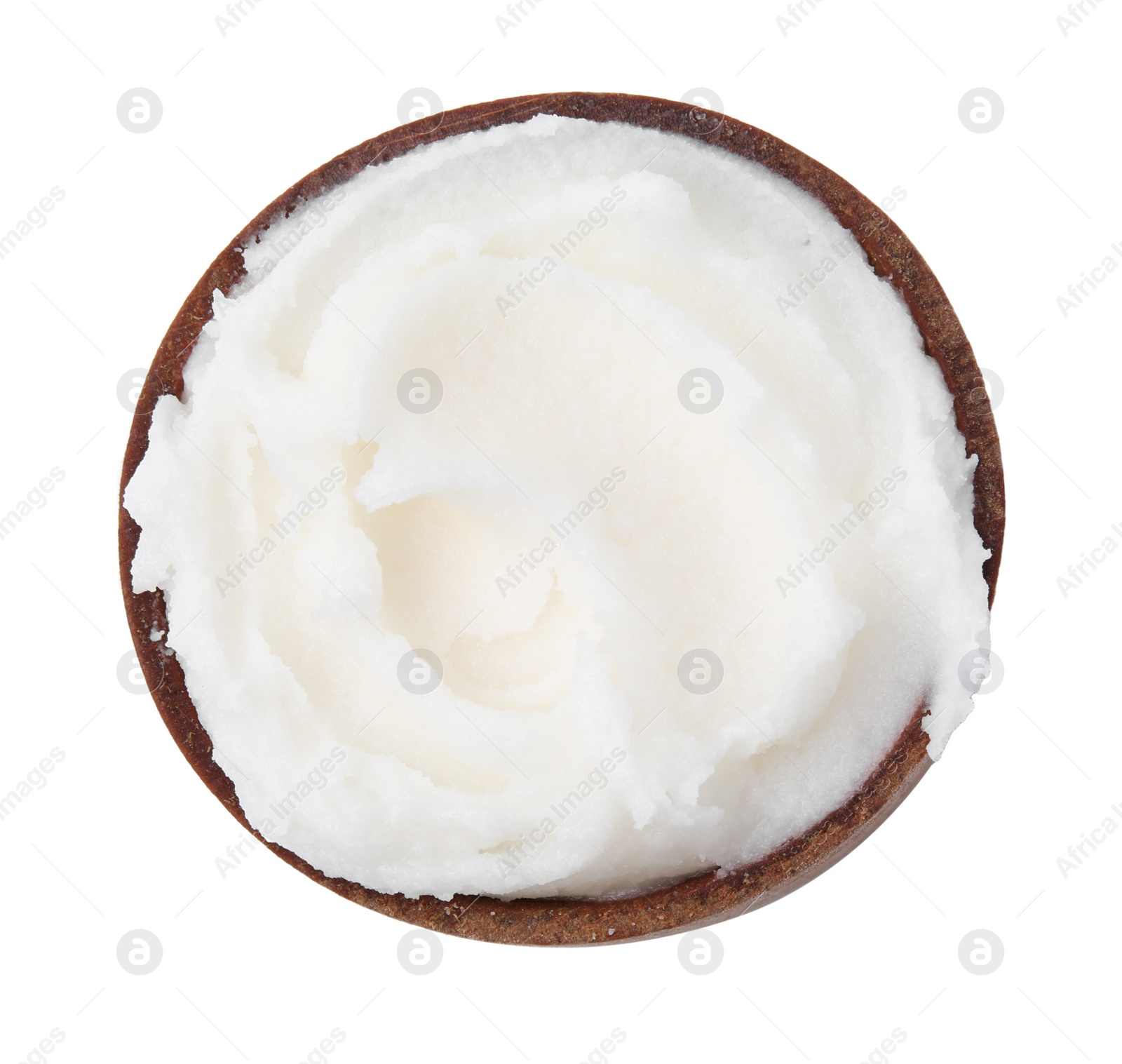 Photo of Delicious pork lard in wooden bowl isolated on white, top view