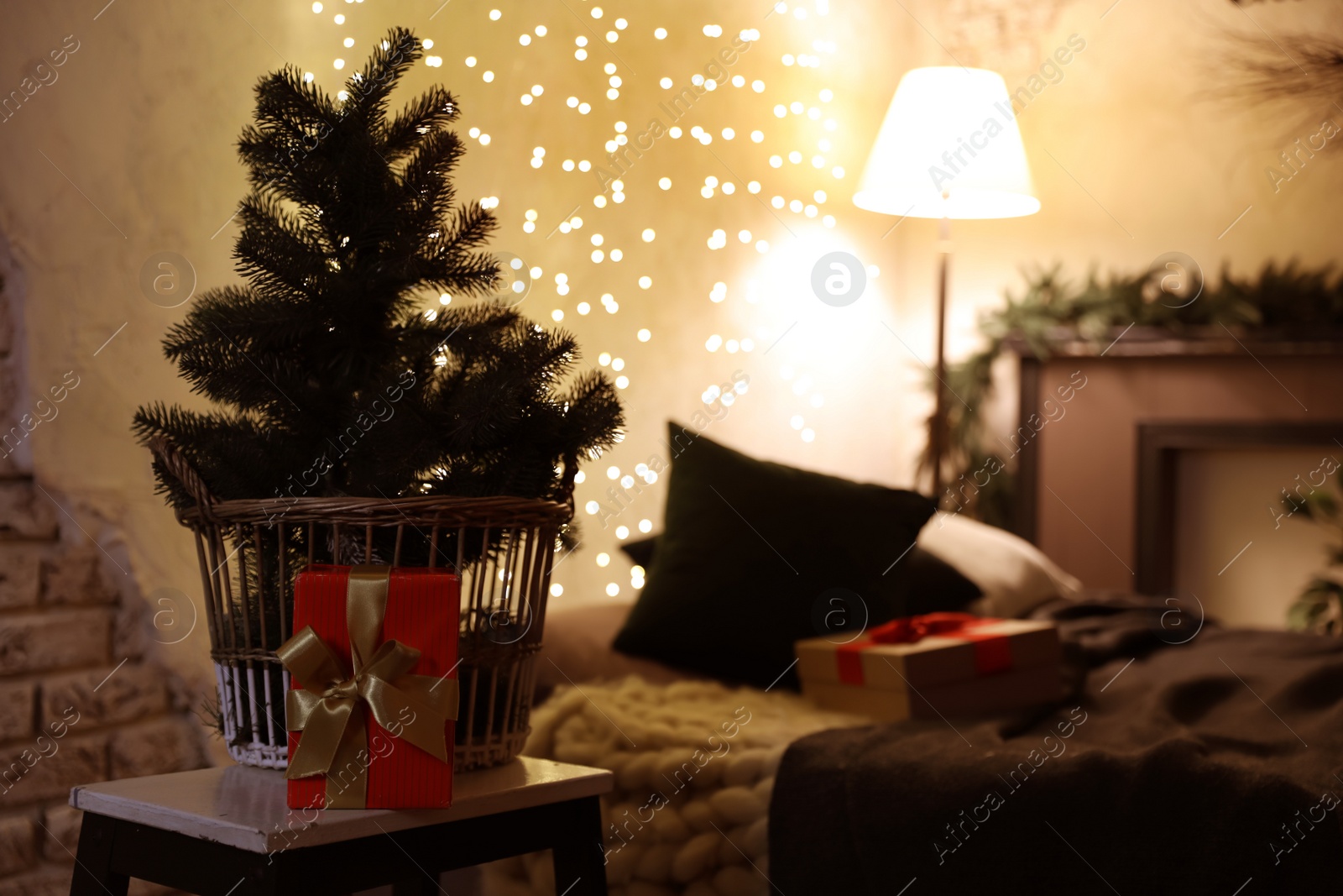 Photo of Small fir and Christmas gift in festive room interior