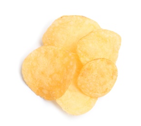 Tasty crispy potato chips on white background