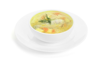 Photo of Delicious chicken broth in bowl isolated on white
