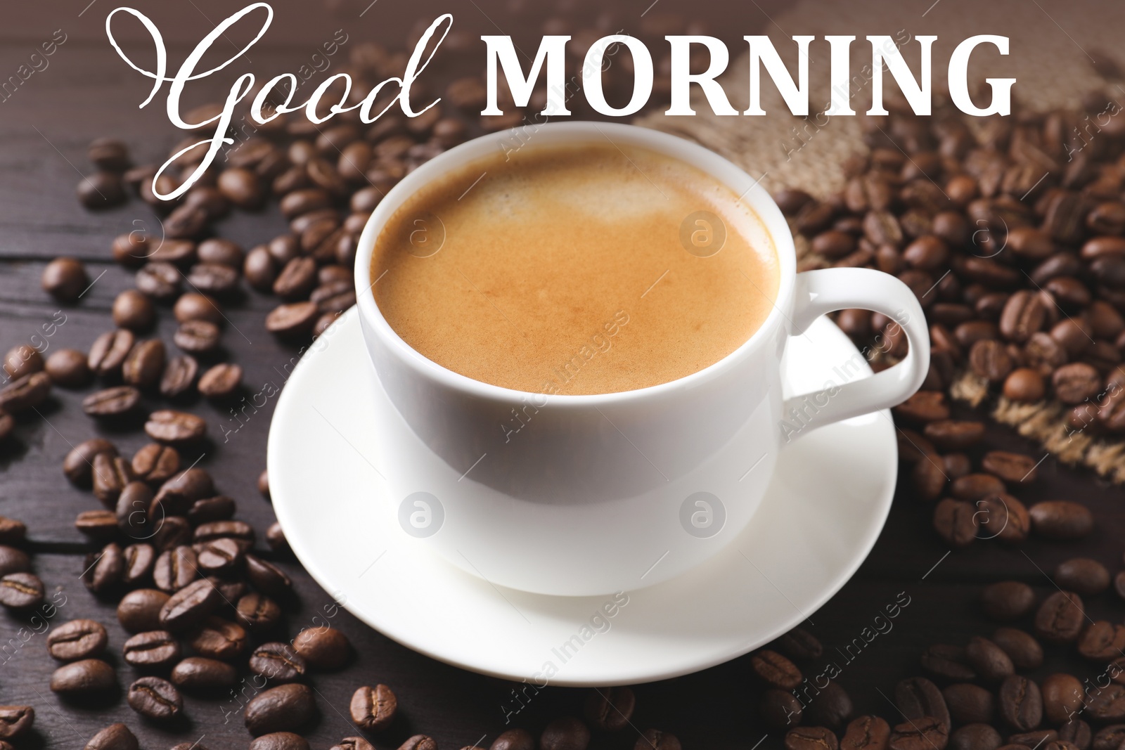 Image of Cup of hot aromatic coffee and roasted beans on wooden table. Good morning