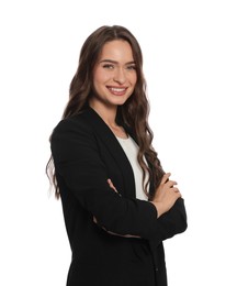 Portrait of hostess in uniform on white background