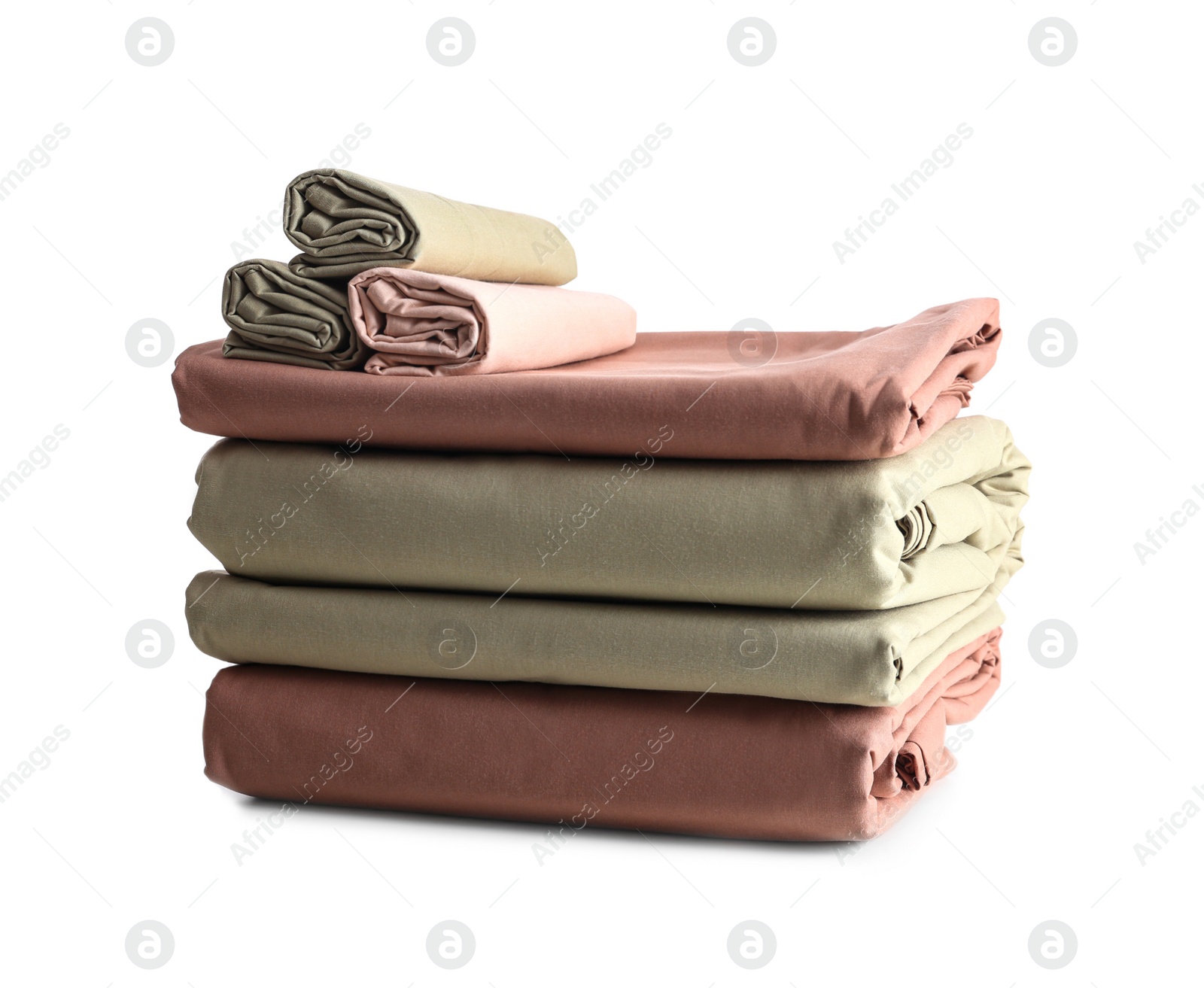 Photo of Stack of clean bed sheets isolated on white