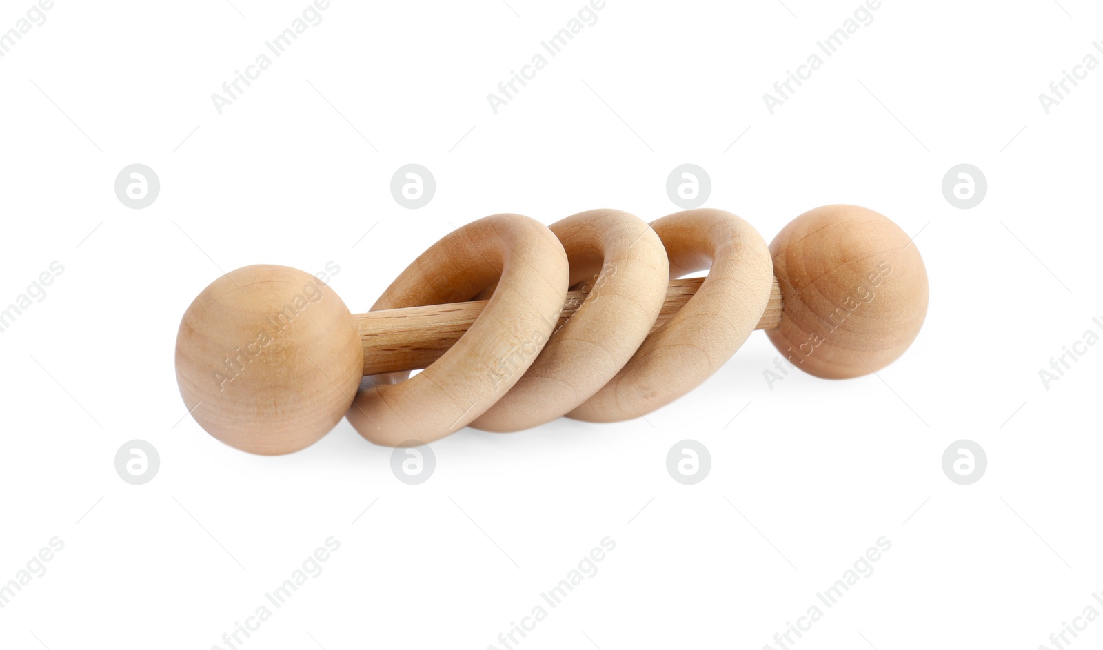 Photo of Wooden rattle isolated on white. Children's toy