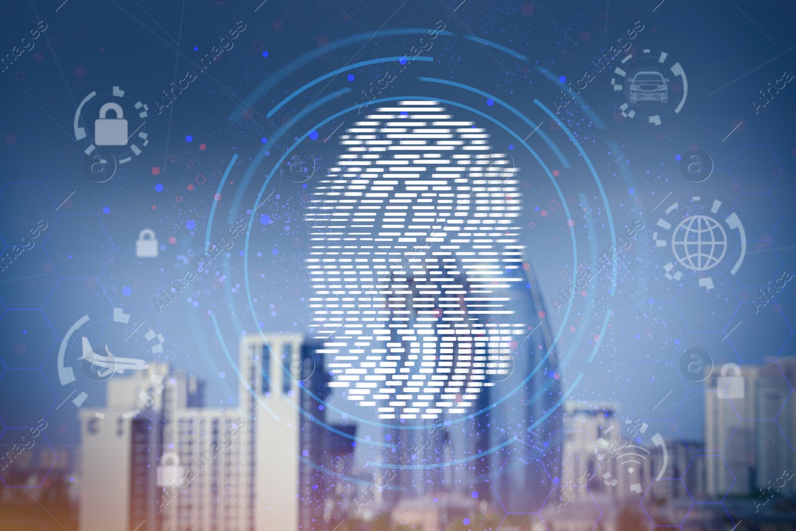 Image of Fingerprint identification. Beautiful view of cityscape with modern buildings