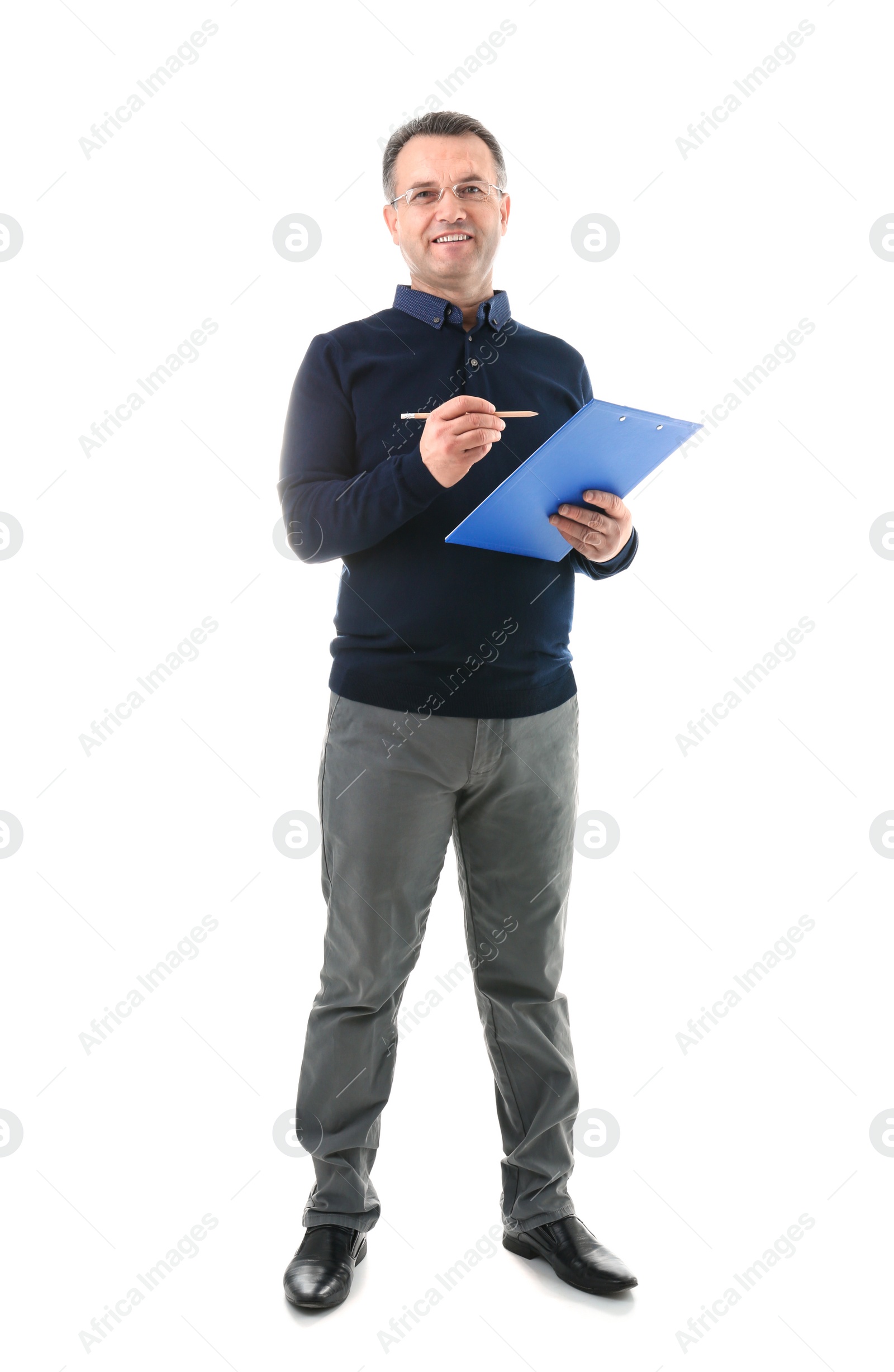 Photo of Male teacher with clipboard on white background