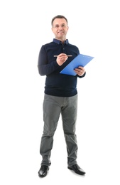 Male teacher with clipboard on white background