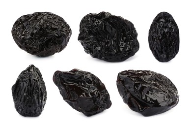 Image of Set with sweet dried prunes on white background 