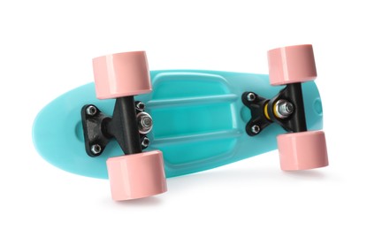 Turquoise skateboard with pink wheels isolated on white. Sport equipment