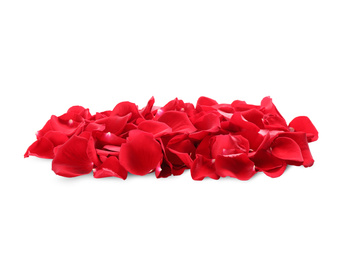 Pile of red rose petals on white background