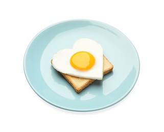 Plate with tasty fried egg in shape of heart and toast isolated on white
