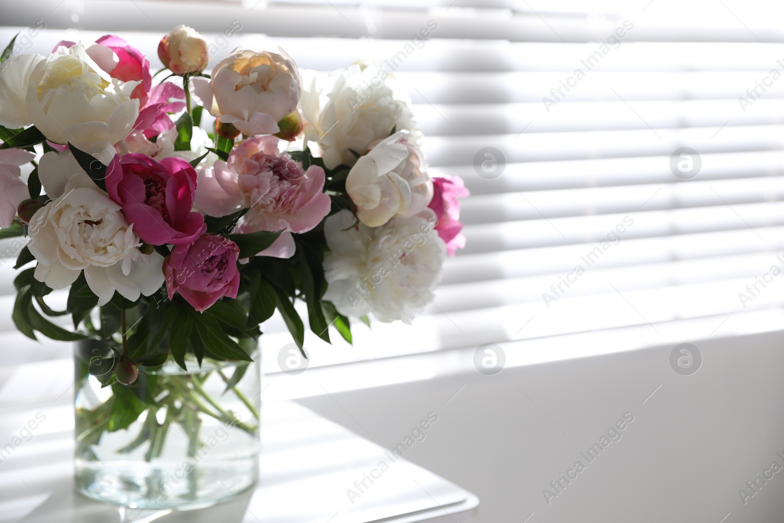 Photo of Beautiful peonies in vase on table near window indoors. Space for text