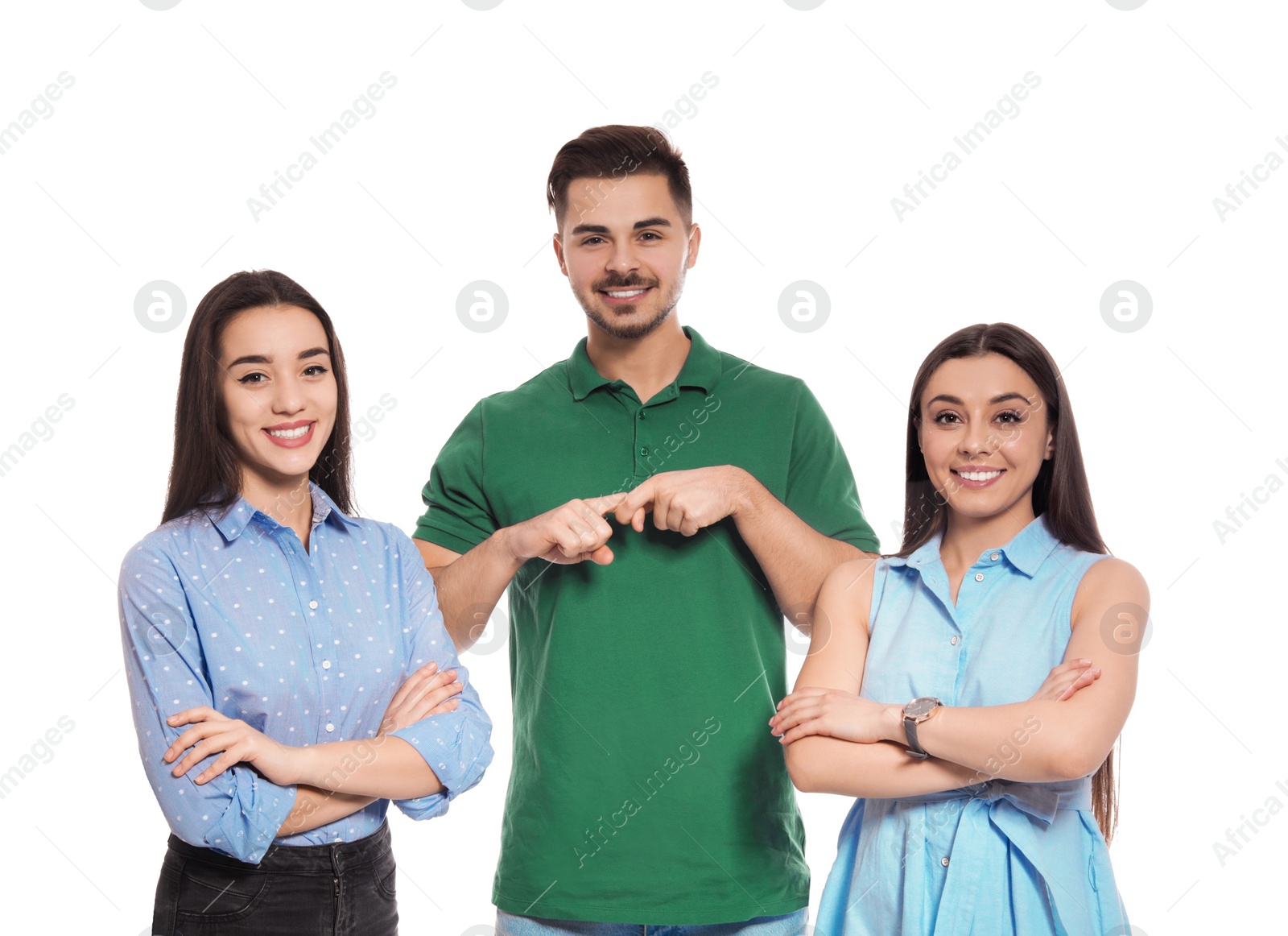 Photo of Hearing impaired people showing word FRIEND on sign language isolated on white