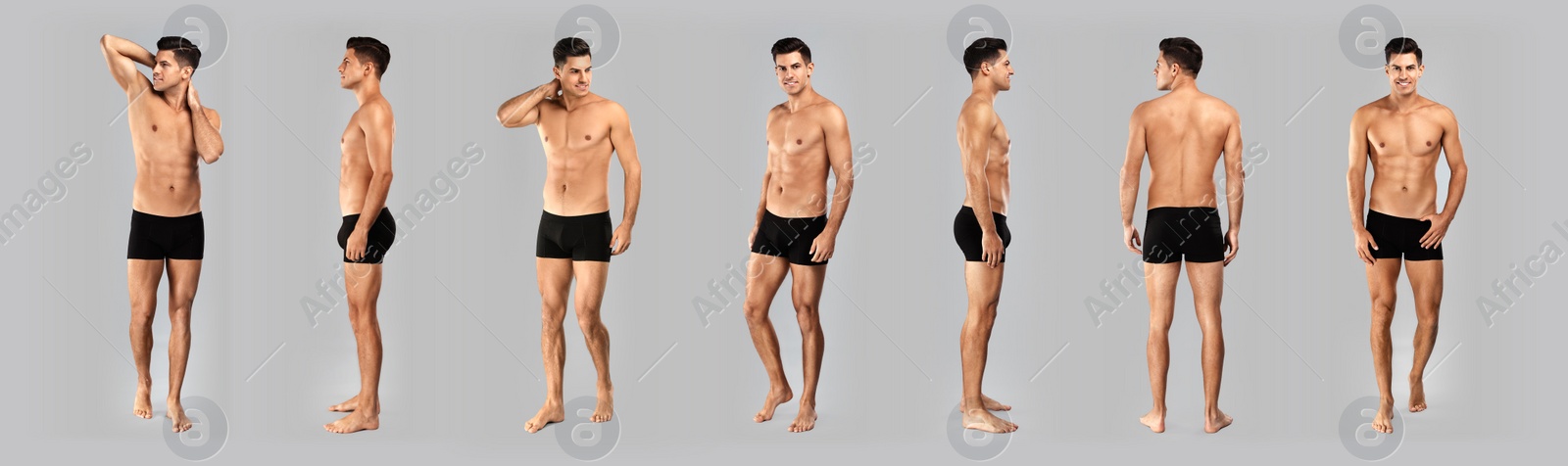 Image of Collage of man in underwear on grey background. Banner design 