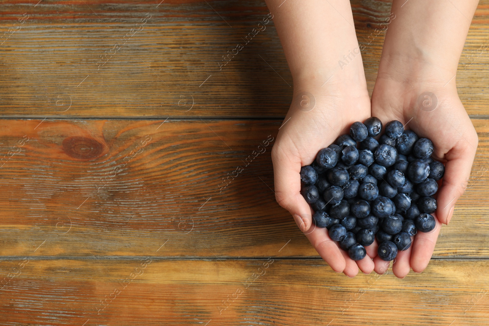 Photo of Woman holding juicy fresh blueberries at wooden table, top view. Space for text