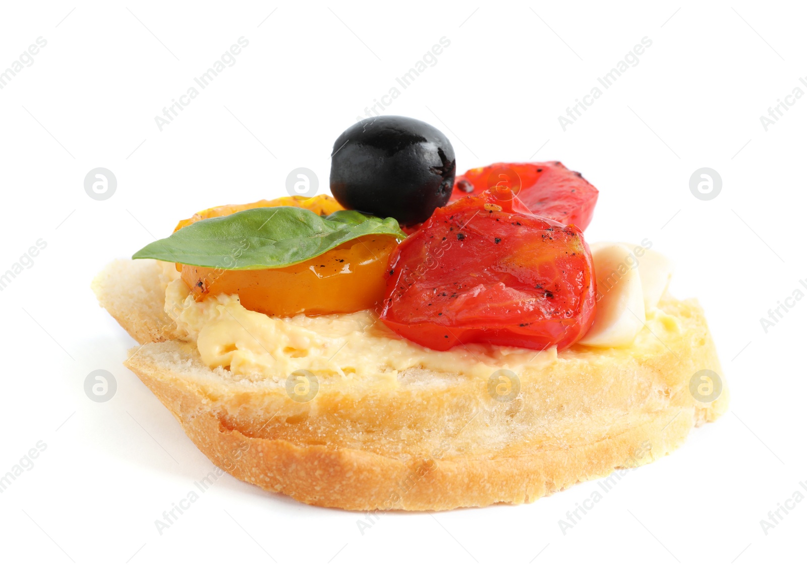 Photo of Delicious tomato bruschetta on white background. Traditional Italian antipasto