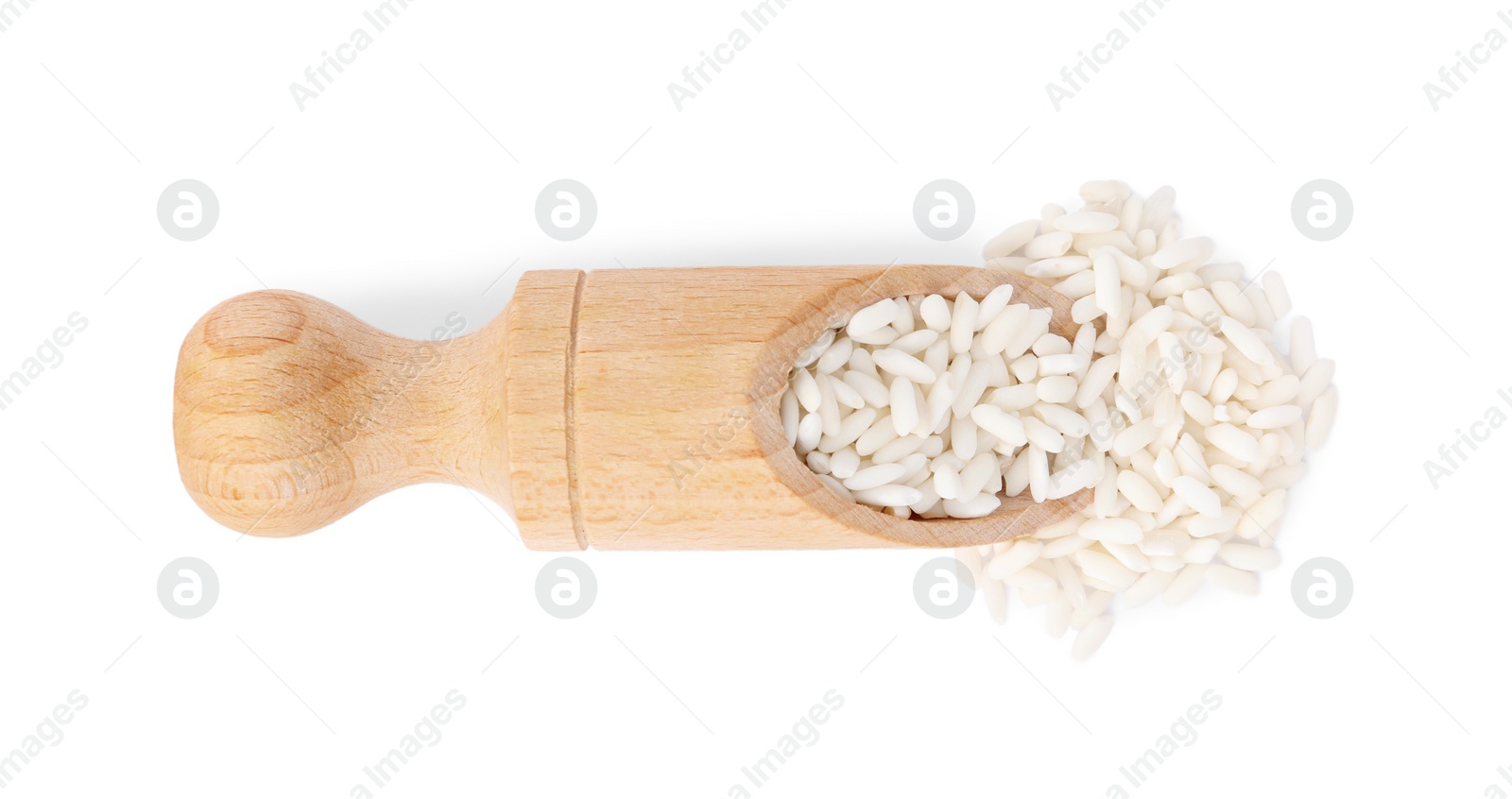 Photo of Scoop with raw rice isolated on white, top view