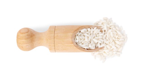 Photo of Scoop with raw rice isolated on white, top view