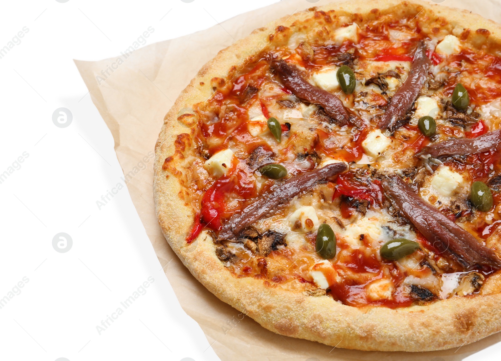 Photo of Tasty pizza with anchovies, arugula and olives isolated on white