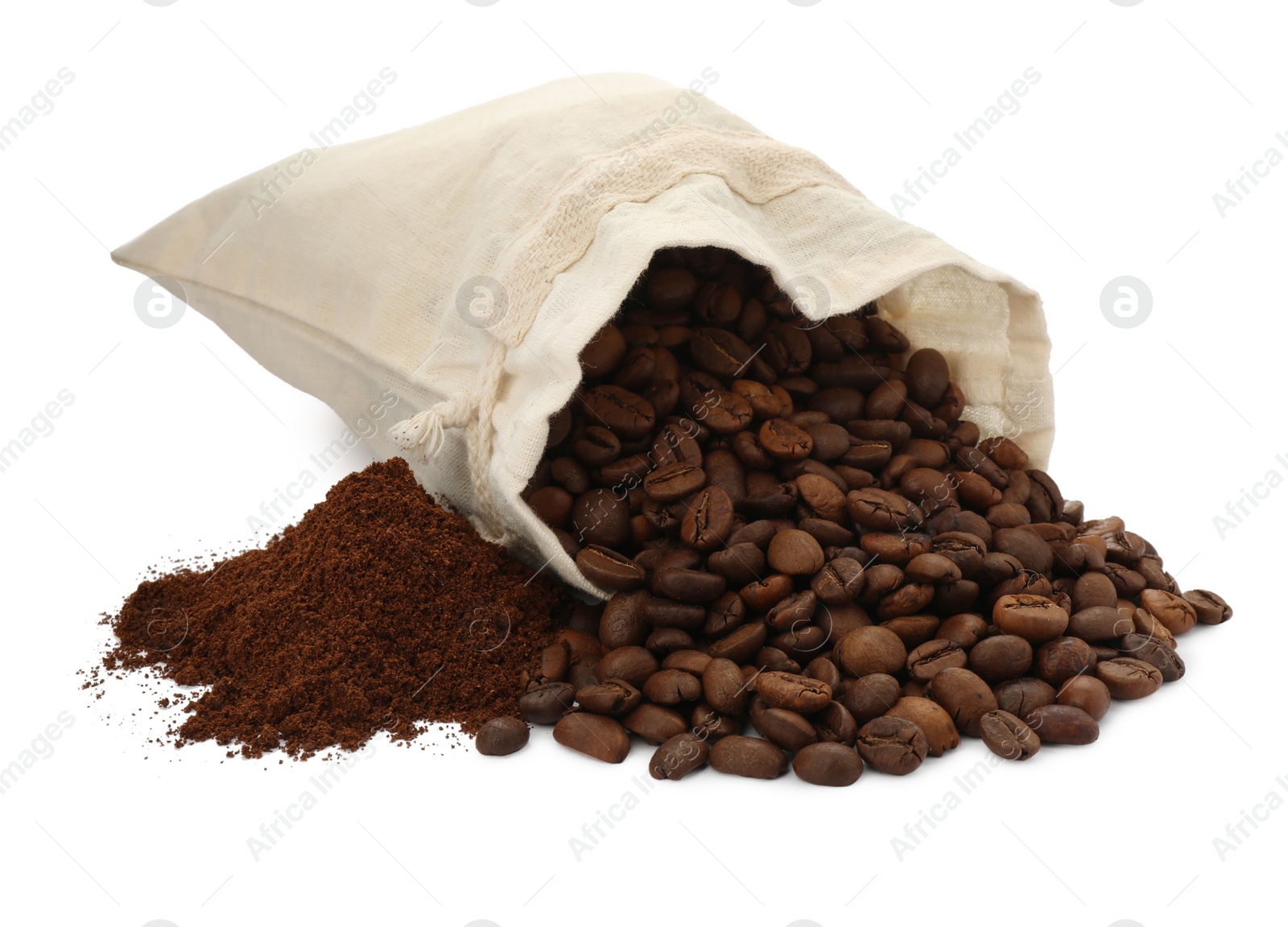 Photo of Coffee grounds and roasted beans on white background