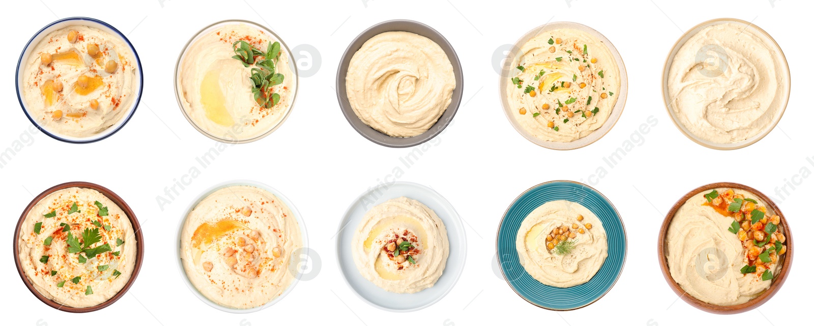 Image of Set with tasty hummus on white background, top view. Banner design