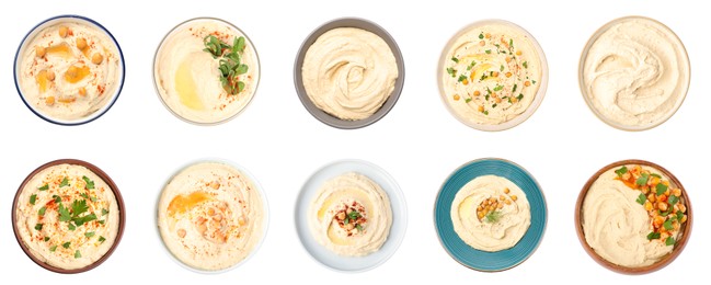 Image of Set with tasty hummus on white background, top view. Banner design