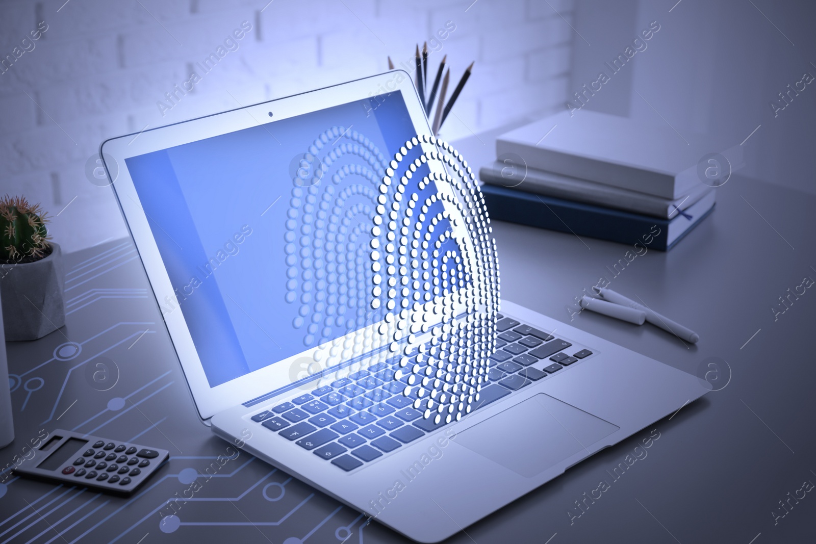 Image of Fingerprint identification. Modern laptop on table indoors