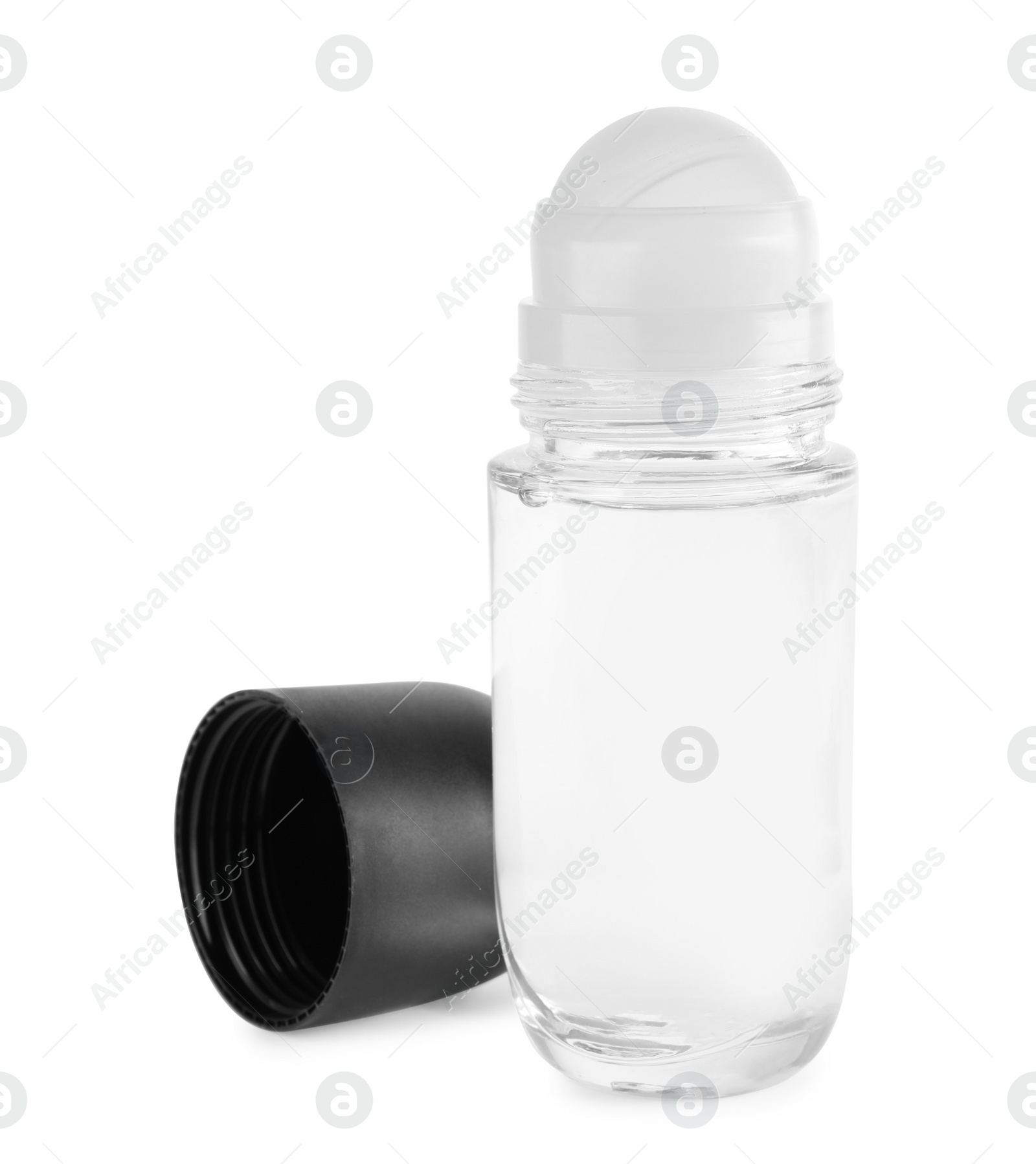 Photo of Blank glass deodorant container on white background