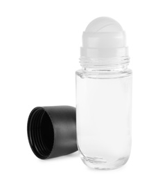 Photo of Blank glass deodorant container on white background