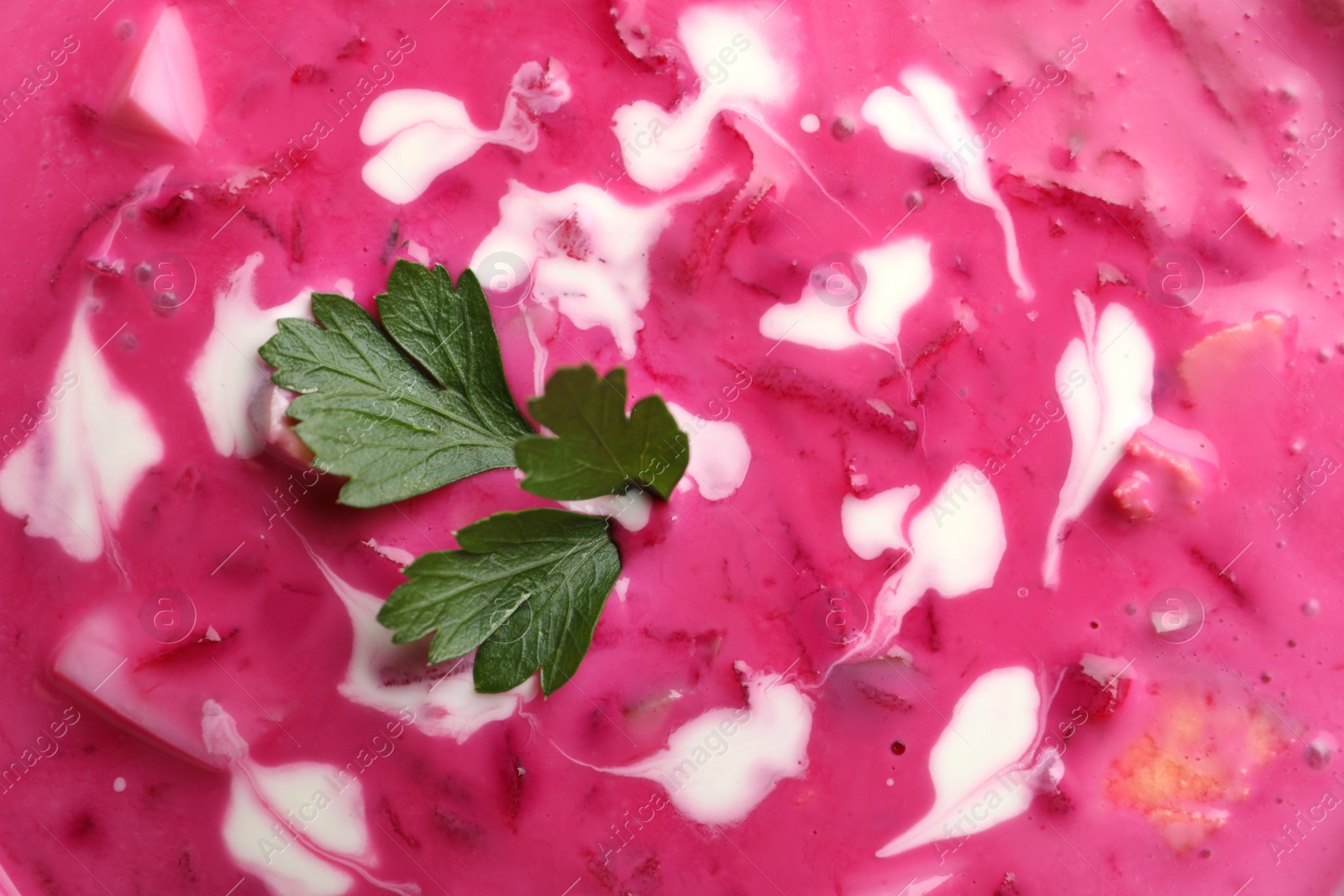 Photo of Delicious cold summer beet soup as background, closeup