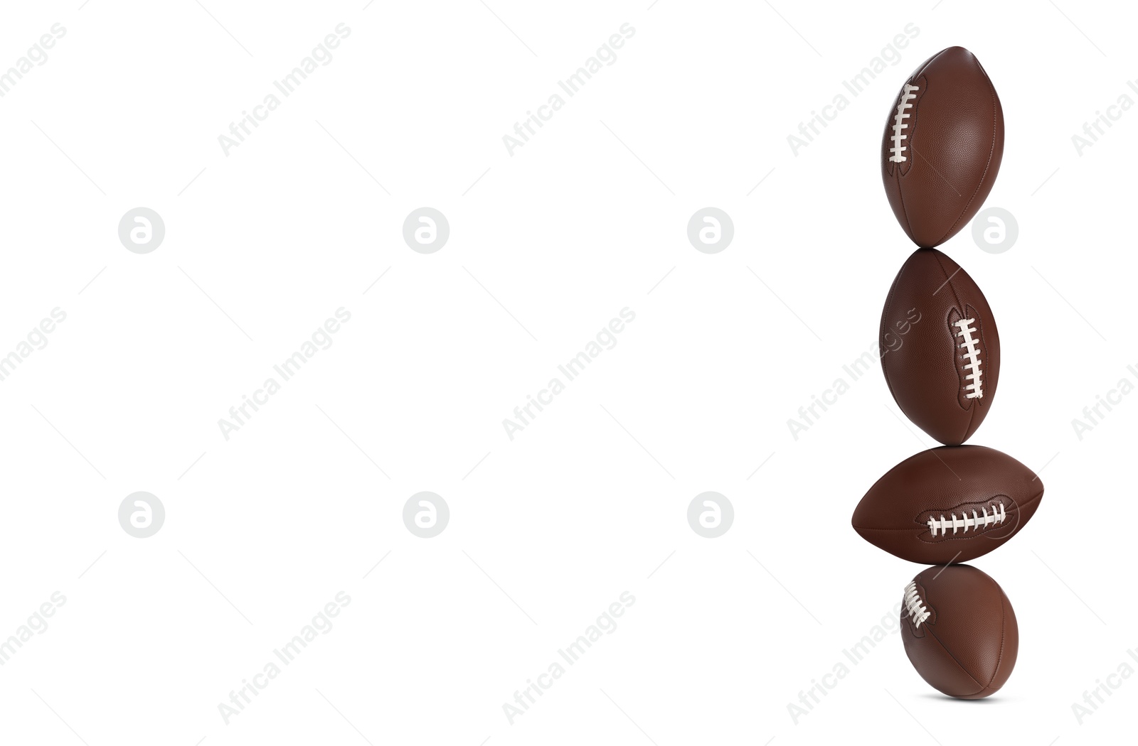 Image of Stack of rugby balls on white background. Space for text