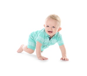 Cute little baby crawling on white background