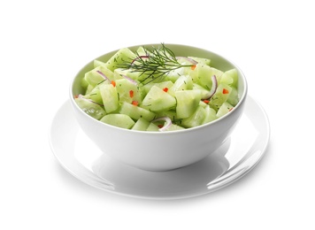 Photo of Delicious cucumber salad with onion and dill in bowl on white background