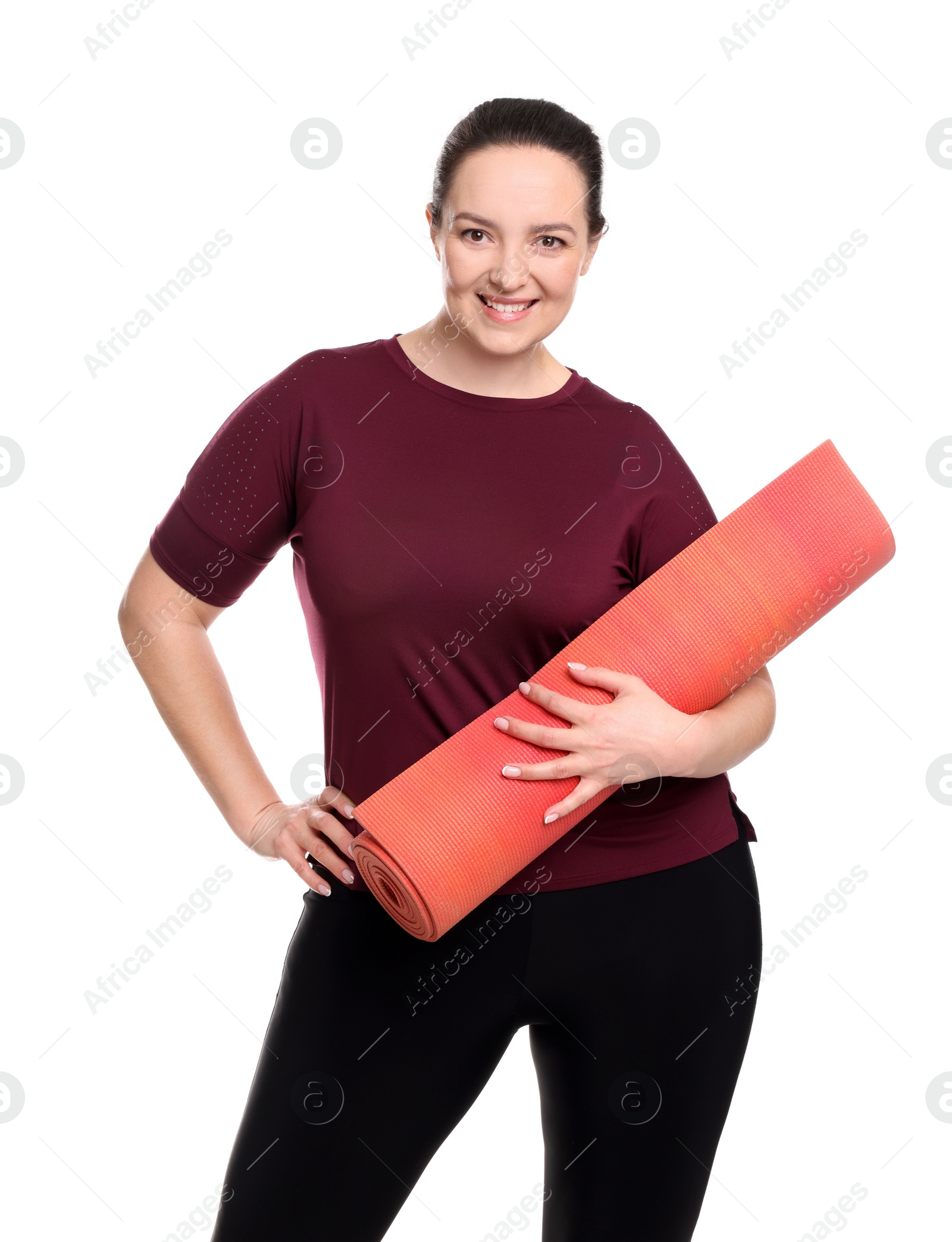 Photo of Happy overweight woman with yoga mat on white background