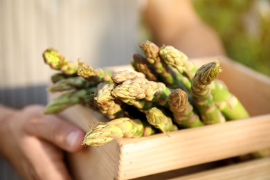 Man holding wooden crate with fresh raw asparagus outdoors, closeup