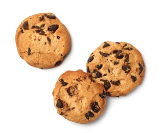 Tasty chocolate cookies on white background, top view