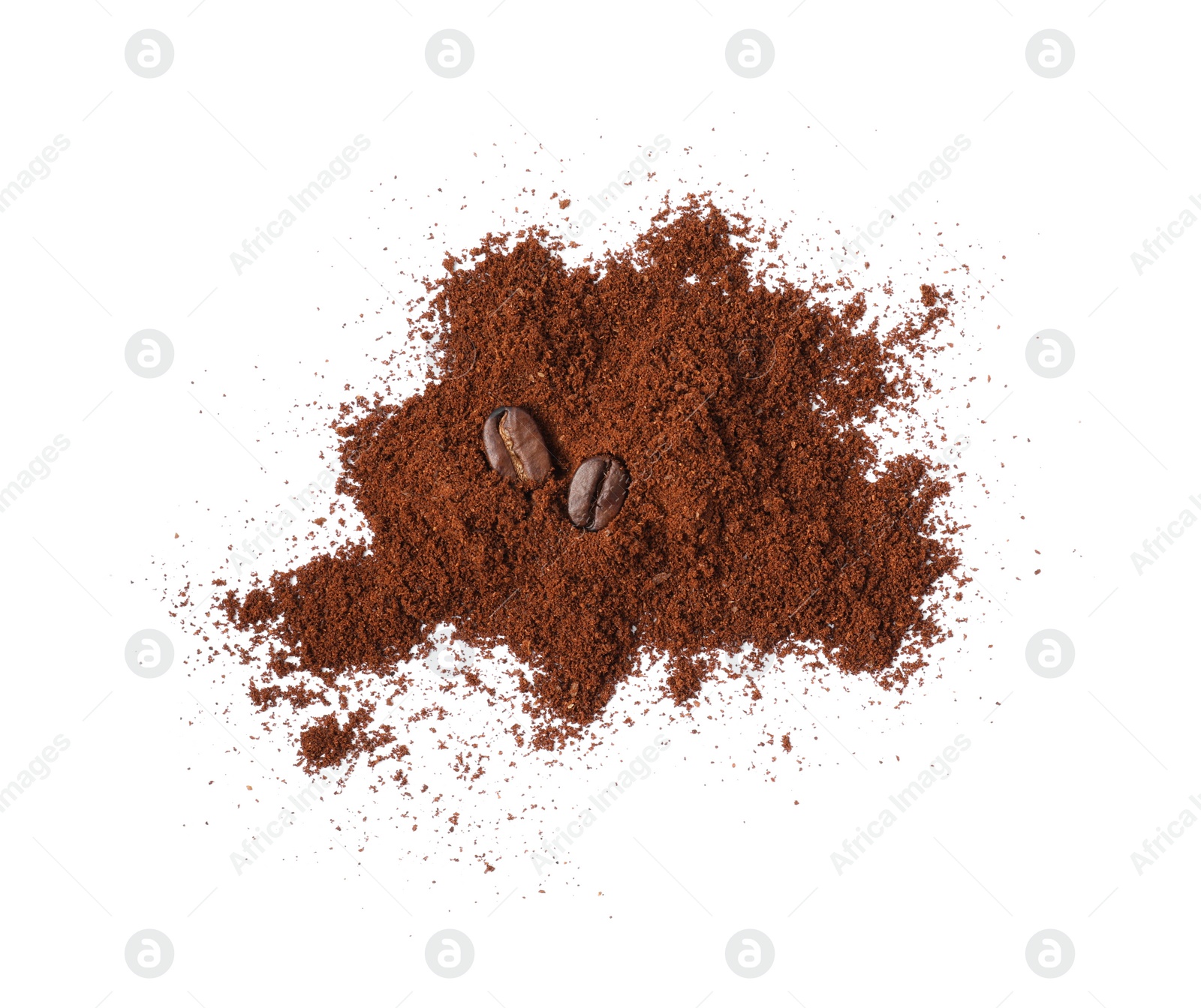 Photo of Heap of ground coffee and beans on white background, top view