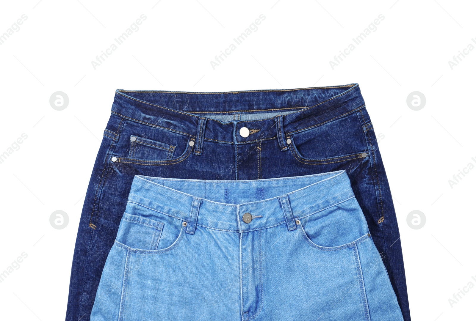 Photo of Stylish jeans isolated on white, top view