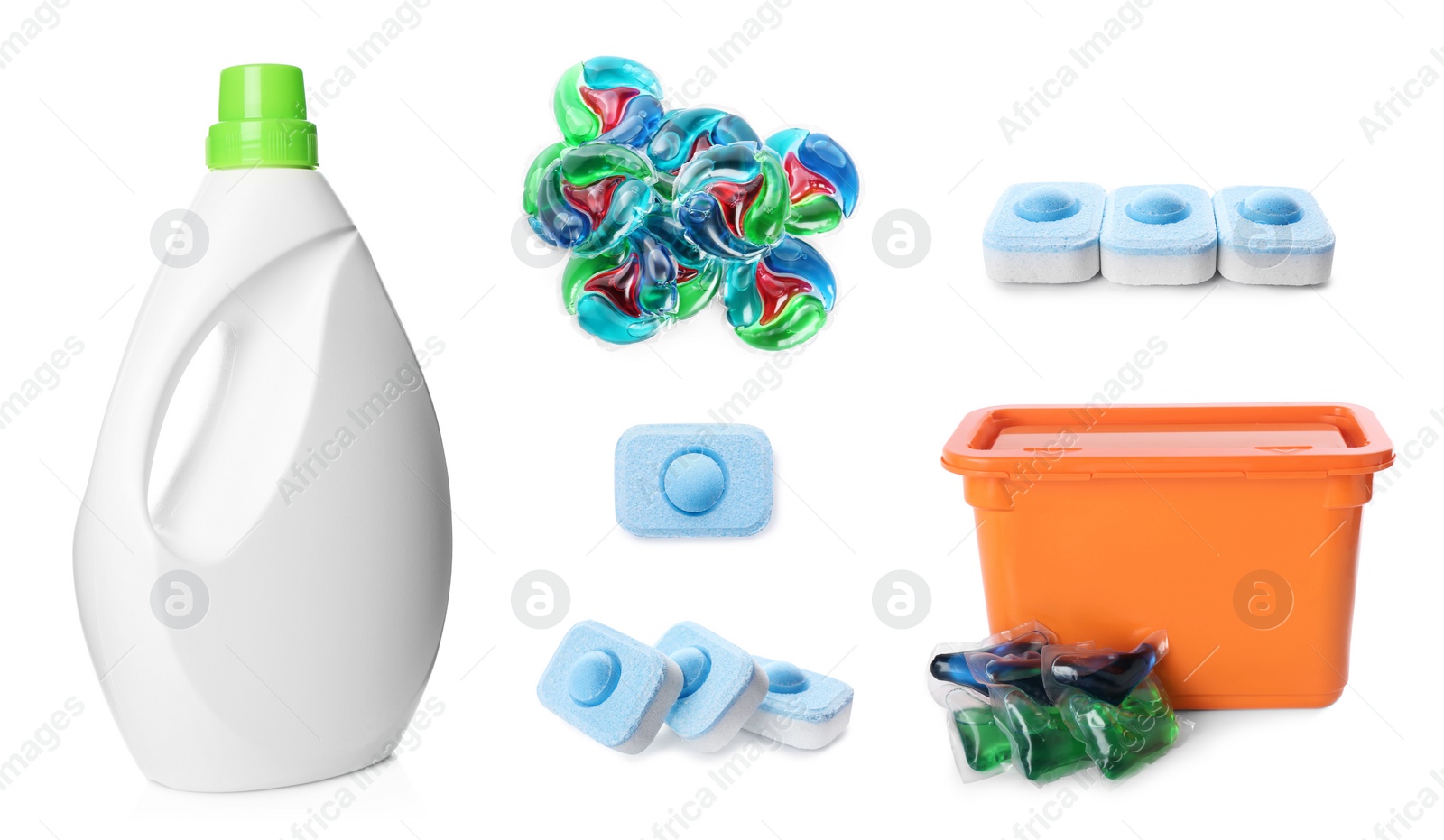 Image of Set with different laundry products on white background