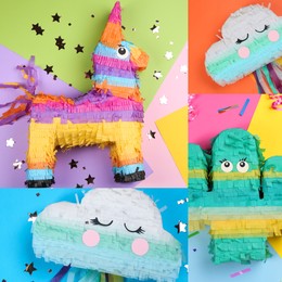 Image of Collage with photos of funny pinatas on different color backgrounds, top view 