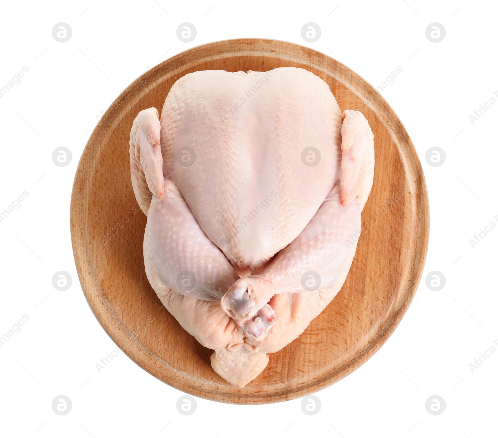 Photo of Wooden board with raw turkey on white background, top view