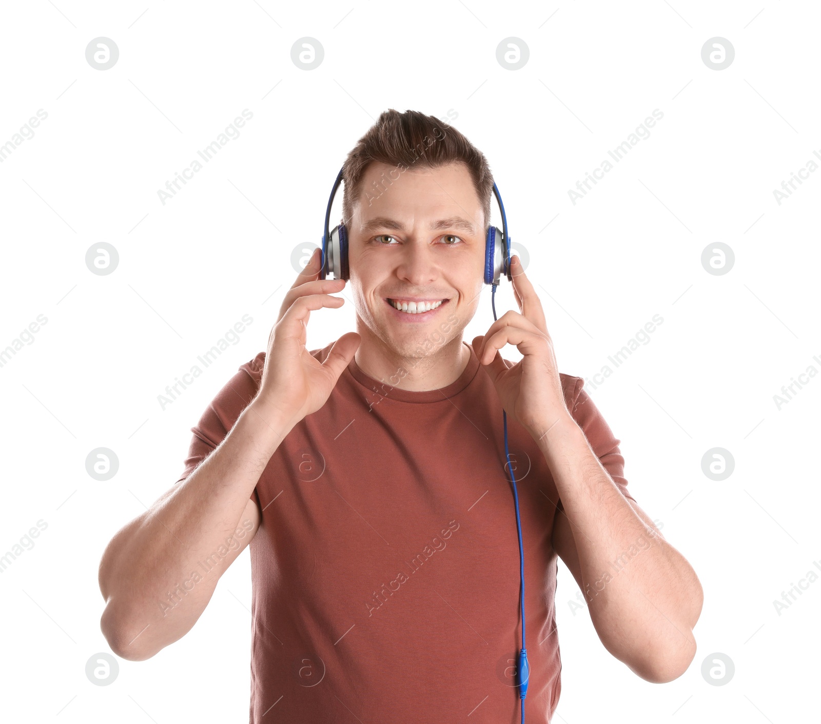 Photo of Man enjoying music in headphones on white background