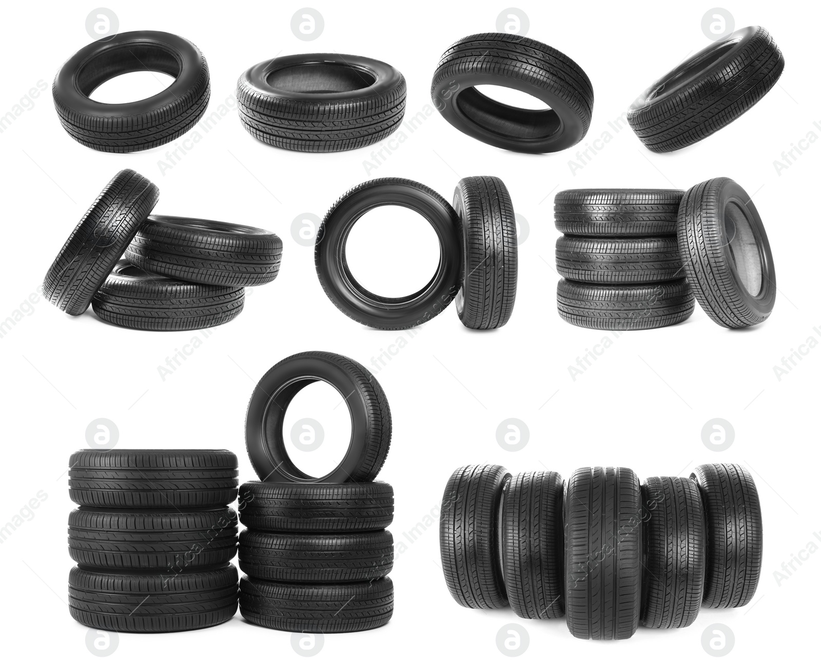 Image of Set with car tires on white background