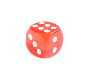 Photo of One red game dice isolated on white