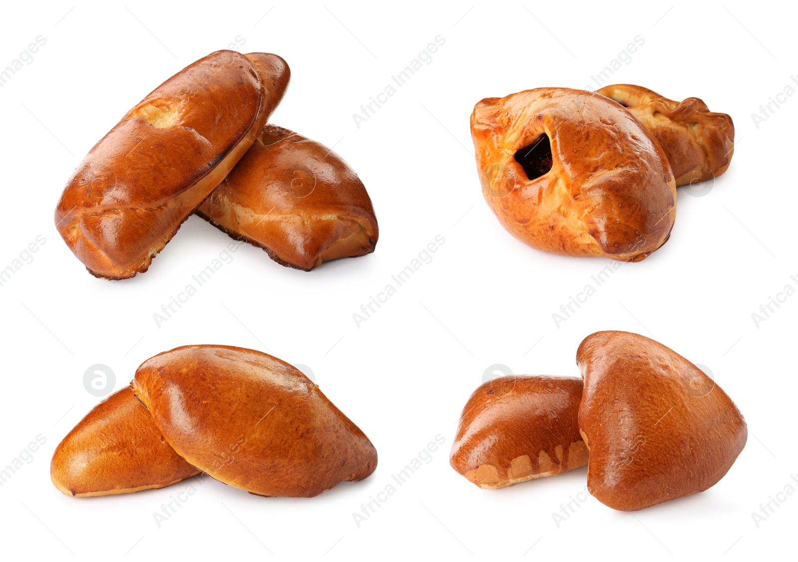 Image of Set with delicious baked patties on white background